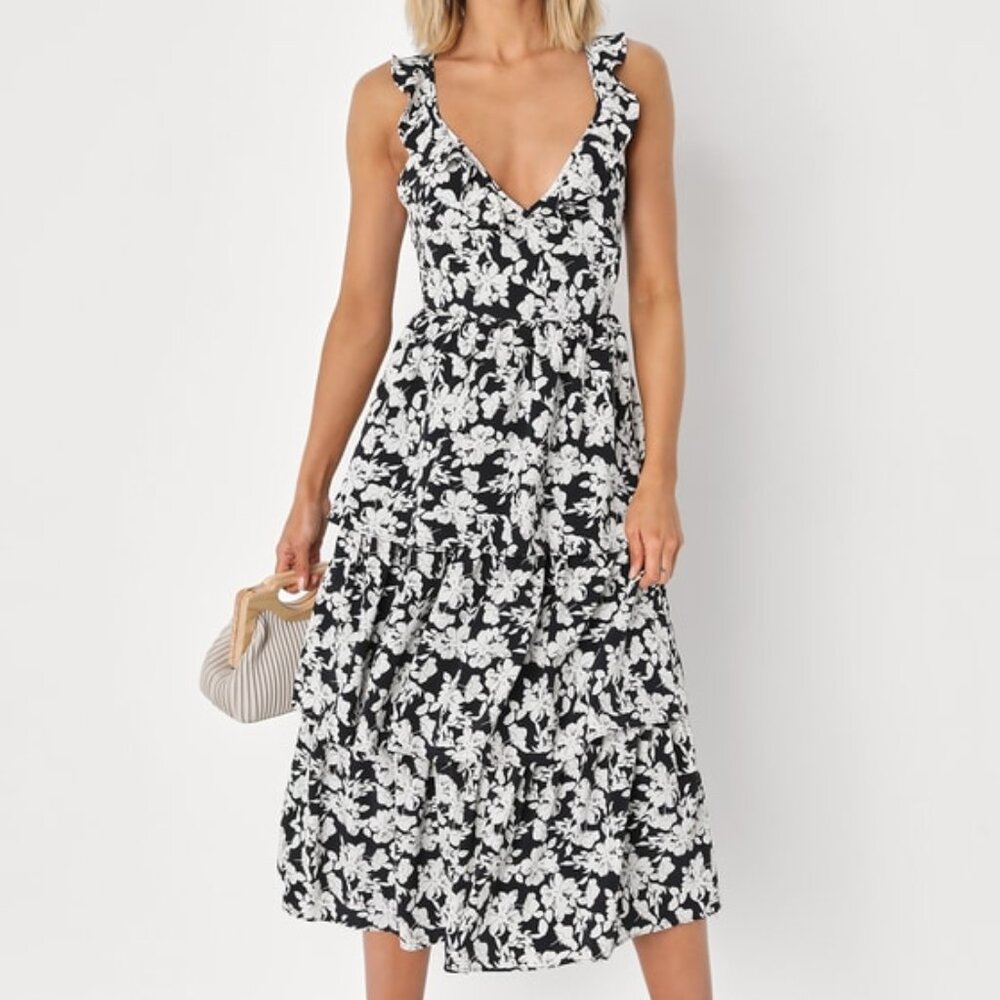 Lulus Elated Elegance Black Floral Print Ruffled Tiered Midi Dress - Size L